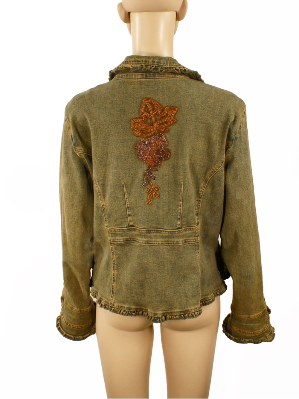 Vintage 2000s Y2K Floral Leaf Beaded Embroidered Flare Sleeve Demin Jean Jacket - Picture 3 of 9